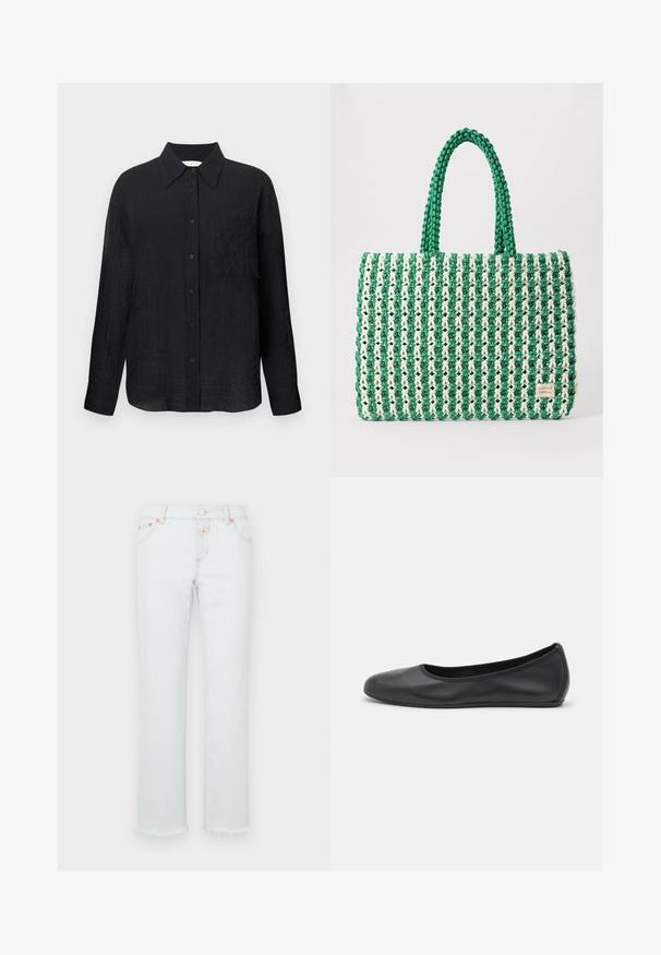 Schwarze Hemd mit Knopfleiste, strukturiertem Muster, spitzem Kragen, langen Ärmeln und einer Brusttasche. Hergestellt aus leichtem Material.; Helle Denim-Jeans mit geradem Bein, einem ausgefransten Saum, kupferfarbenen Hardware-Elementen und einem Fünf-Taschen-Design.; Schwarze Leder-Ballettschuhe mit abgerundeter Spitze, glatter Textur, minimalen Nähdetails und einem flexiblen Sohlen-Design.; Grün-weiße gewebte Tragetasche mit strukturierter rechteckiger Form, strukturiertem Finish und zwei stabilen Griffen. Besitzt ein Logotag an der Seite.