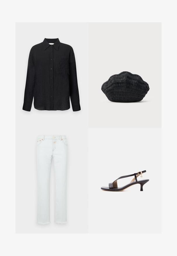 Zwarte overhemd met knopen, voorzien van een gestructureerd patroon, puntige kraag, lange mouwen en een borstzak. Gemaakt van lichtgewicht stof.; Lichtblauwe denim jeans met een rechte benen, voorzien van een rafelige zoom, koperen hardware en een vijf-pocket ontwerp.; Zwarte leren sandaal met open teen, kittenheel, diagonale band, enkelgesp en een klein gouden bedeltje op een witte achtergrond.; Zwarte gevlochten handtas in de vorm van een sint-jakobsschelp met een gebogen bovenkant en een geweven textuur op een effen achtergrond.