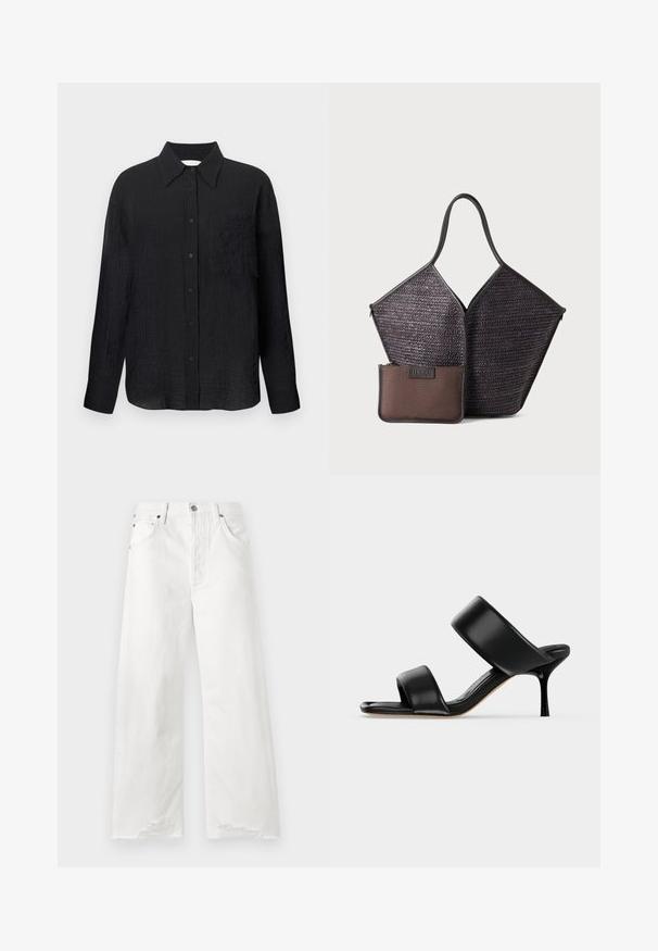Schwarze Hemd mit Knopfleiste, strukturiertem Muster, spitzem Kragen, langen Ärmeln und einer Brusttasche. Hergestellt aus leichtem Material.; Weiße weit geschnittene Jeans aus Denim mit hoher Taille, vorderen Taschen und fransigen Säumen.; Schwarze Leder-Mule-Sandale mit zwei breiten Riemen und einem schlanken, mittelhohen Stilettoabsatz auf einem schlichten hellen Hintergrund.; Hereu CALELLA - Shopping Bag - dark brown
