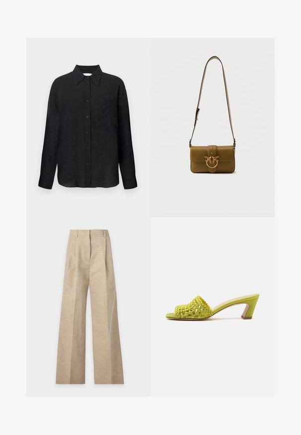 Camisa negra de botones con un patrón texturizado, cuello puntiagudo, mangas largas y un bolsillo en el pecho. Fabricada con tela ligera.; Pantalones beige de tiro alto y pierna ancha con trabillas para cinturón, pliegues delanteros y cierre de cremallera oculto, exhibidos sobre un fondo liso.; Tacón mule con punta abierta en verde lima con parte superior de cuero trenzado y tacón de bloque de altura media sobre un fondo liso.; Bolso de hombro de cuero verde oliva con correa ajustable y cierre frontal en forma de anillo con pájaro en tono dorado.