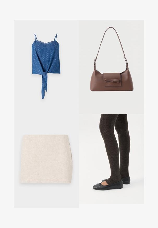 Blå denimtop med justerbare spaghettistropper, tekstureret stof, V-udskæring og en bundet detalje foran. Har et subtilt prikket mønster.; Beige linnedyr med et minimalistisk design, der har en glat tekstur og en subtil vævning. Det har en lige, simpel skæring uden synlige lukninger.; Ben iført mørke ribbede leggings kombineret med sorte balletsko med små sløjfedetaljer på hvid baggrund.; Brun skuldertaske i læder med en frontlomme med klap, der har en sydd sløjfedetalje, og en justerbar rem.