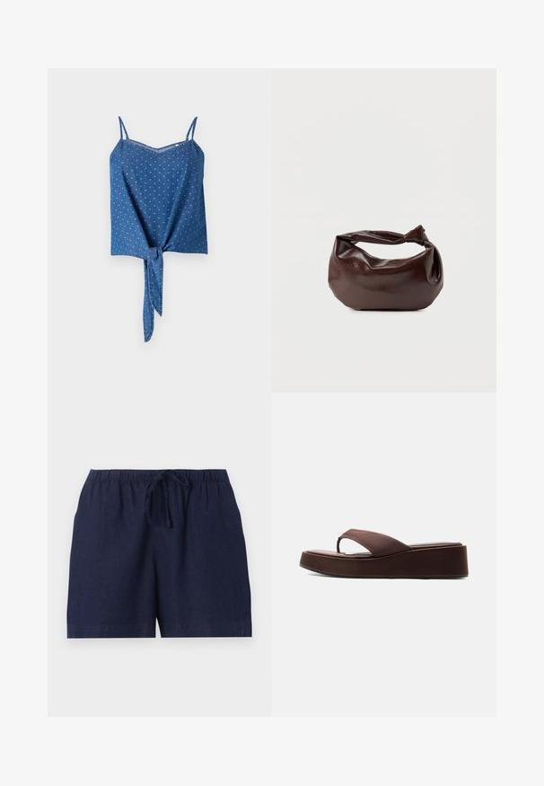 Blauwe denim top met verstelbare spaghettibandjes, textuurstof, een V-halslijn en een gestrikt voorpaneel. Heeft een subtiel gestippeld patroon.; Marineblauwe casual shorts met elastische tailleband en verstelbare trekkoorden, gemaakt van lichtgewicht stof.; Bruine platformflipflops met dikke zool en brede band over de tenen op een effen witte achtergrond.; Donkerbruine leren schoudertas met een zachte, slungelige vorm en een gedraaide knoopvormige handgreep op een effen witte achtergrond.