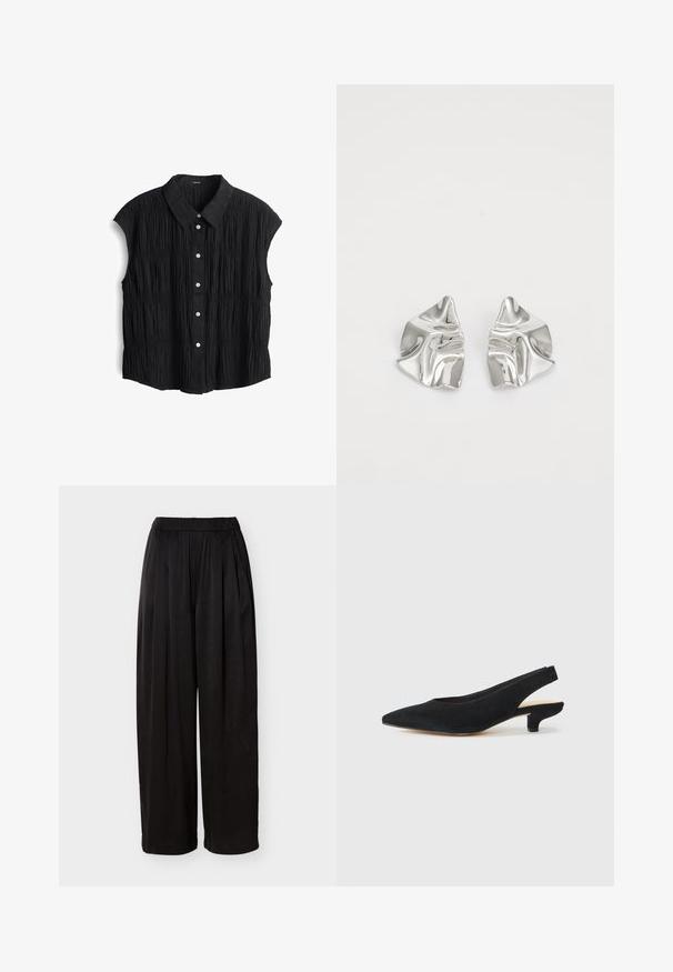 Schwarzes Kurzarmhemd aus strukturiertem, zerknittertem Stoff, mit klassischem Kragen und einer durchgehenden Knopfleiste mit runden weißen Knöpfen.; Schwarze weit geschnittene Hose mit elastischem Bund und dezenten Falten, gefertigt aus weichem, fließendem Stoff.; Schwarze Slingback-Pumps aus Wildleder mit spitz zulaufender Zehenpartie und niedrigem Blockabsatz. Sie zeichnen sich durch eine glatte Textur und minimalistisches Design aus.; Silberne Metallohrringe mit einem wellenförmigen, skulpturalen Design, das eine polierte Oberfläche und unregelmäßige Formen aufweist, die eine zeitgenössische Ästhetik betonen.