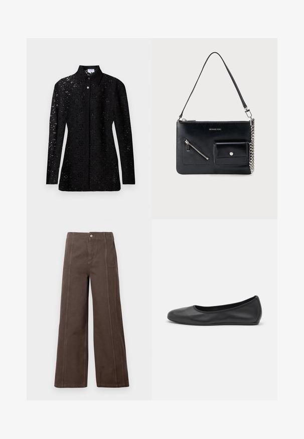 Black long-sleeve lace blouse with floral cutout pattern, buttoned front, and pointed collar, displayed on plain background.; Brown wide-leg trousers made of smooth fabric, featuring front panel seams and a single metal button closure at the waistband.; Black leather ballet flat with a rounded toe, smooth texture, minimal stitching detail, and a flexible sole design.; Black Michael Kors leather shoulder bag with top zipper, diagonal front zipper pocket, flap pocket with snap button, and silver chain detail.