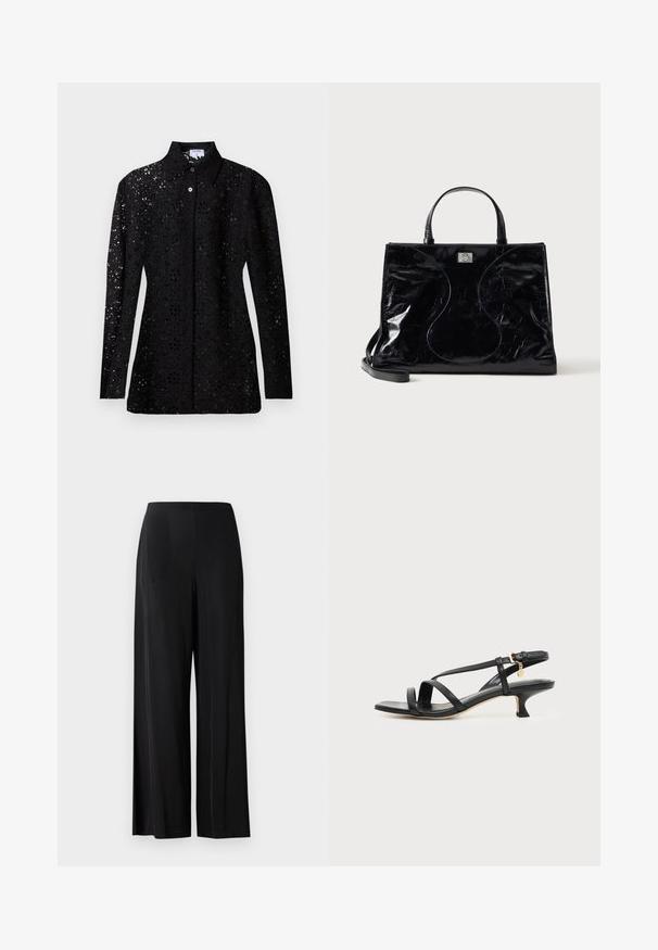 Black long-sleeve lace blouse with floral cutout pattern, buttoned front, and pointed collar, displayed on plain background.; Black, wide-leg trousers made of smooth fabric, featuring a high waistband and no visible pockets or hardware. Floor-length design.; Black leather strappy sandal with low kitten heel, ankle buckle, and small gold charm against plain light background.; Black glossy leather handbag with short handles, detachable shoulder strap, and subtle curved stitching details on front.