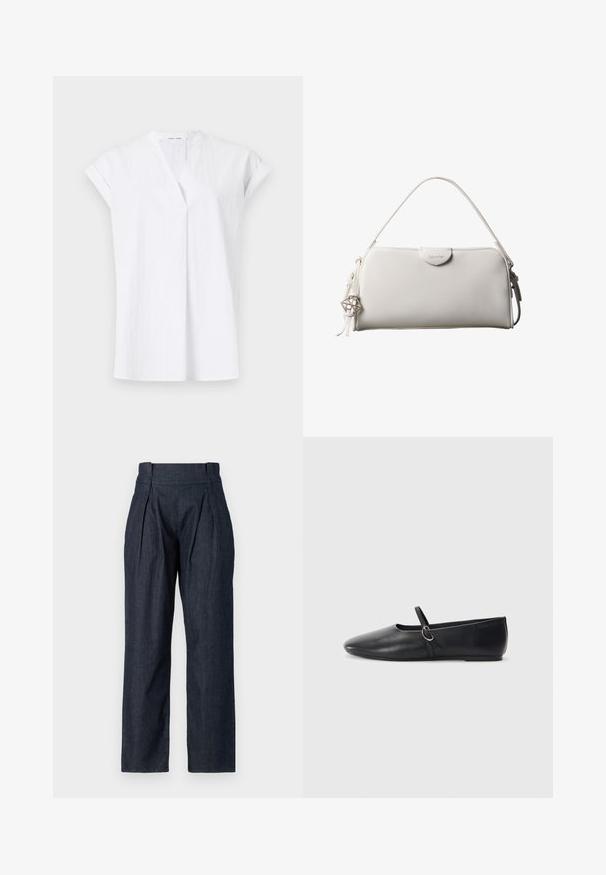 Haut blanc à manches courtes avec un décolleté en V, featuring pleats à l'avant et un tissu léger et texturé. Style minimaliste et contemporain.; Pantalons en denim foncé avec une taille haute, une silhouette à jambes larges, des plis avant et une texture lisse. Dotés de passants de ceinture et sans éléments métalliques visibles.; Ballerines noires en cuir avec un bout pointu, une semelle plate et une petite sangle avec un détail de boucle en argent.; Sac à main rectangulaire blanc Calvin Klein avec une seule poignée, design minimaliste et pampilles décoratives avec un charm métallique géométrique sur le côté.