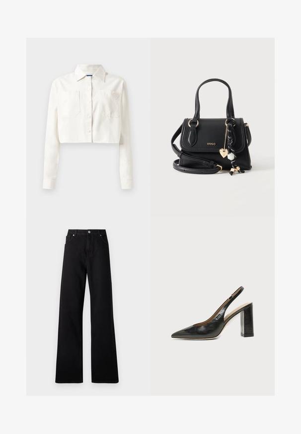 Chemise blanche coupée en coton, dotée de manches longues, d'un col pointu, de deux poches avant et d'un logo en forme de cœur sur la poche gauche.; Jean large noir en denim avec un design à cinq poches, fermeture à bouton à l'avant et détails de couture subtils.; Chaussure slingback en cuir noir à bout pointu avec un talon bloc haut et une doublure intérieure beige sur un fond clair uni.; Sac à main Hugo en cuir noir avec deux poignées, une bandoulière amovible et un cordon décoratif noir et blanc avec pendentif cœur doré.
