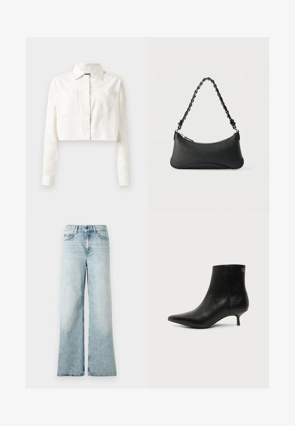 Chemise blanche coupée en coton, dotée de manches longues, d'un col pointu, de deux poches avant et d'un logo en forme de cœur sur la poche gauche.; Jean large bleu clair en denim, avec taille haute, ourlet court et une texture douce avec des détails décolorés.; Bottine en cuir noir avec bout pointu et petit talon kitten sur fond clair, vue côté extérieur.; Sac à bandoulière en cuir noir de forme rectangulaire incurvée, avec une chaîne dorée tissée dans la bandoulière noire tressée et une fermeture éclair sur le dessus.