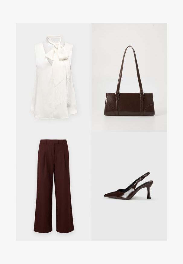 Blouse blanche en satin sans manches avec un profond décolleté en V et un grand nœud de cravate orné de longues franges sur un côté.; Pantalon à jambes larges et taille haute de couleur marron foncé, avec passants de ceinture et plis sur le devant, présenté sur un fond blanc uni.; Talons slingback en cuir verni brun avec un bout pointu, un talon fin, et une sangle réglable avec une petite boucle.; Sac à main en cuir verni marron de forme rectangulaire, avec deux longues poignées et des accents courbés subtils à l'avant.