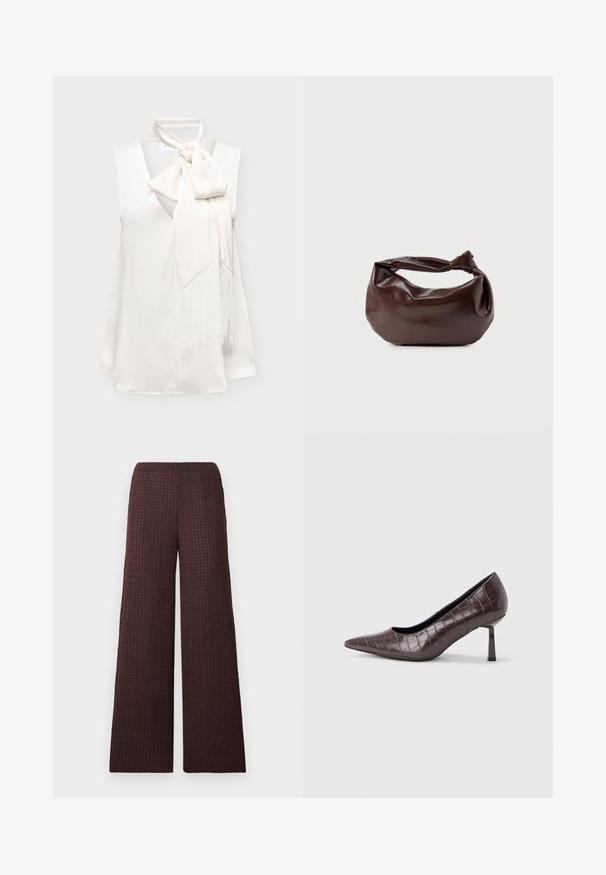 Blouse blanche en satin sans manches avec un profond décolleté en V et un grand nœud de cravate orné de longues franges sur un côté.; Pantalon marron à jambes larges avec une ceinture élastique, conçu dans un tissu froissé et de longueur complète.; Escarpins à bout pointu en similicuir marron avec une texture crocodile, dotés d’un talon fin et angulaire ainsi que d’une doublure intérieure lisse.; Sac bandoulière en cuir marron foncé avec une forme souple et décontractée et une anse nouée torsadée sur un fond blanc uni.