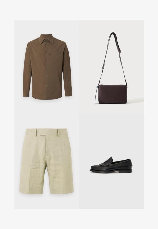 Chemise marron à manches longues avec un col classique, des boutons-pression sur le devant, et une poche poitrine zippée sur le côté gauche.; Shorts en lin beige mi-genoux avec passants pour ceinture, poches latérales et fermeture éclair à l'avant, présentés sur un fond blanc.; Mocassin en cuir noir avec un détail tissé à l'avant, bout arrondi et petit talon. Texture lisse et design minimaliste.; Sac bandoulière en cuir marron foncé texturé avec une sangle réglable et un petit accent décoratif bleu sur le côté.