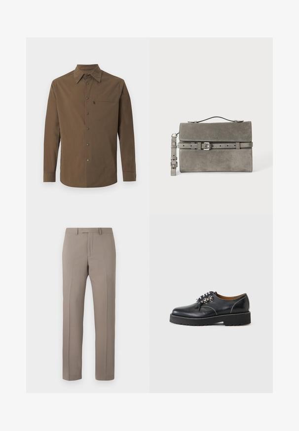 Chemise marron à manches longues avec un col classique, des boutons-pression sur le devant, et une poche poitrine zippée sur le côté gauche.; Pantalon droit beige sur mesure avec passants pour ceinture, fermeture éclair avant et plis repassés, présenté sur un fond blanc.; Chaussure noire en cuir à lacets avec semelle épaisse et œillets métalliques, couture blanche visible et doublure intérieure marron, vue de côté externe.; Pochette rectangulaire en daim gris avec poignée supérieure, bandoulière détachable et détail de ceinture à boucle argentée sur le rabat avant.