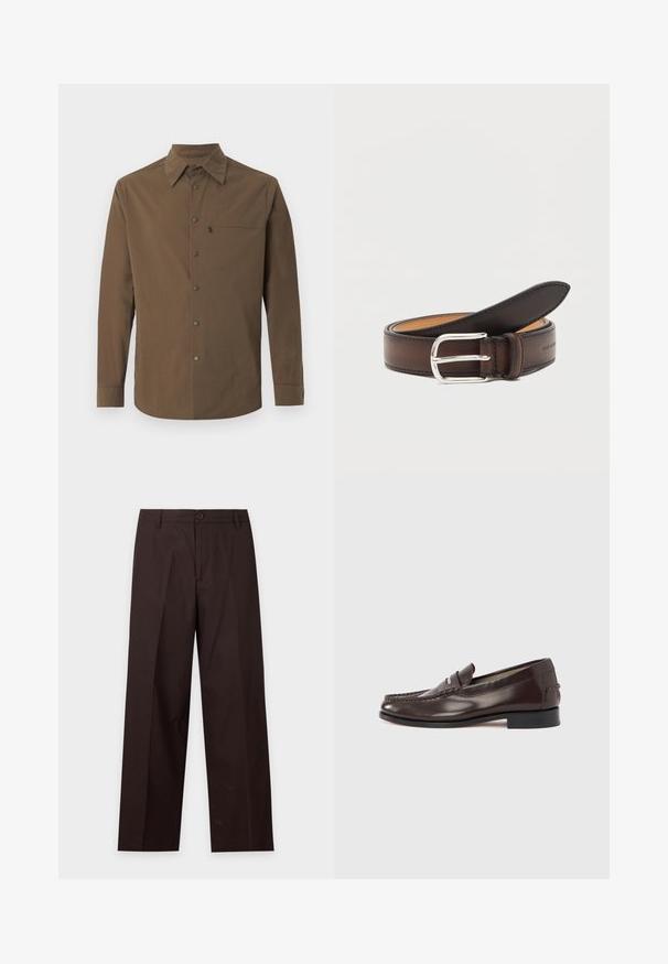 Chemise marron à manches longues avec un col classique, des boutons-pression sur le devant, et une poche poitrine zippée sur le côté gauche.; Pantalon droit marron foncé avec passants de ceinture, fermeture par bouton et pli sur le devant, présenté sur fond blanc.; Mocassins en cuir marron avec un bout style mocassin, des coutures décoratives et un talon bas. Texture lisse avec un léger éclat.; Ceinture en cuir marron foncé roulée avec une boucle rectangulaire argentée sur fond blanc.