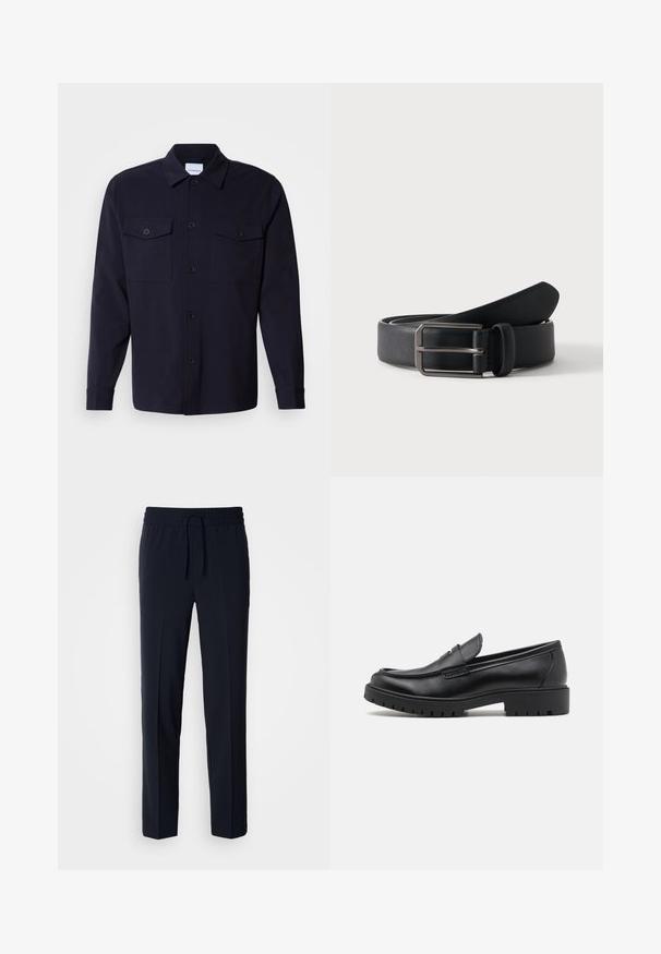 Chaqueta de camisa azul marino hecha de una tela suave, con dos bolsillos en el pecho, un frente abotonado y mangas largas con puños abotonados.; Pantalones ligeros azul marino con cintura elástica y cordón ajustable, que presentan un diseño de corte recto y una textura suave.; Mocasines de cuero negro con punta redondeada, diseño sin cordones y suela de goma gruesa con agarre texturizado. Tacón elevado y detalles de costura sutiles.; Cinturón de cuero negro enrollado con hebilla rectangular de metal plateado sobre un fondo claro y sencillo.
