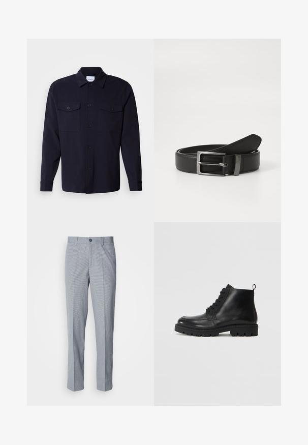 Chaqueta de camisa azul marino hecha de una tela suave, con dos bolsillos en el pecho, un frente abotonado y mangas largas con puños abotonados.; Pantalones de vestir a cuadros grises, ajuste entallado, con una textura de tela suave, frente plano y cierre de un botón.; Botas negras de cuero hasta el tobillo con punta redonda, cordones en la parte delantera y suela de goma texturizada. Incluye una pestaña en el talón para ponerlas y quitarlas fácilmente.; Cinturón de cuero negro con hebilla de metal plateada, que presenta un acabado suave y un diseño clásico. El cinturón está neatly doblado.