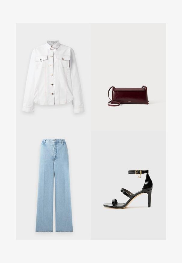 Chemise blanche à manches longues, col, deux poches poitrine, surpiqûres oranges et boutons argentés. Design épuré avec une coupe ajustée.; Jeans larges bleu clair en denim avec une taille haute, comprenant cinq passants de ceinture, une fermeture à bouton à l'avant et des coutures cousues.; Sandale en cuir verni noir avec trois brides, boucle de cheville et talon aiguille de 10 cm. Présente un détail en métal doré et un charm logo.; Sac à bandoulière en cuir bordeaux avec une texture lisse, de forme rectangulaire, fermeture à rabat et une fine sangle réglable. Détail du logo doré visible.
