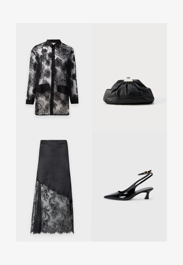 Schwarzes Spitzenhemd mit floralem Stickereimuster, mit durchgehender Knopfleiste, langen Ärmeln und zwei aufgesetzten Taschen auf der Hüfte.; Schwarzer asymmetrischer Rock mit solidem Satintop und durchsichtigem floralen Spitzenbesatz im unteren Bereich.; Schwarze Lackleder Slingback-Absätze mit spitzem Schuhblatt, niedrigem Blockabsatz und verstellbarem Knöchelriemen mit goldener Schnalle.; Schwarze Leder-Clutch mit geraffter Textur, Metallverschluss und dezentem, auf der Vorderseite geprägtem Logo. Abgerundete Form.