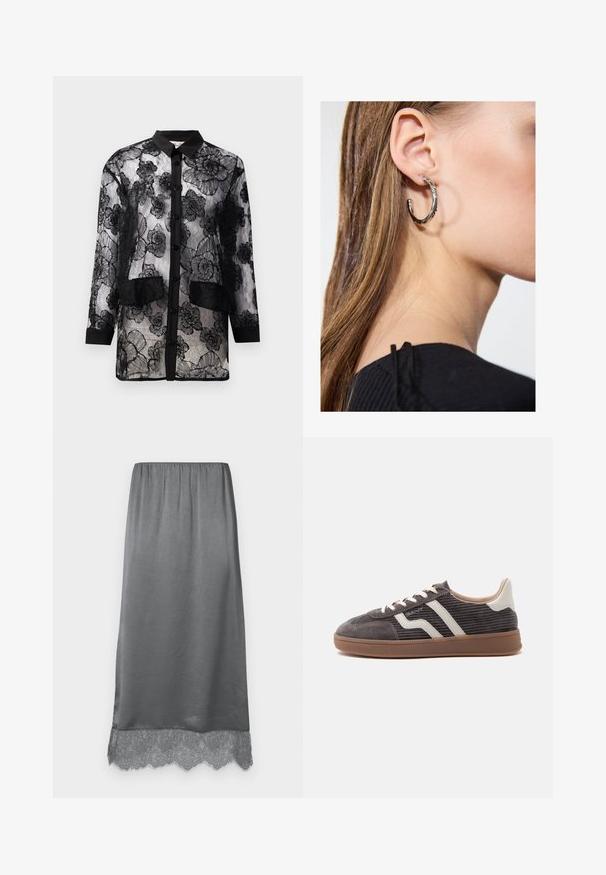 Camisa negra de encaje con bordado floral, con un frente de botones, mangas largas y dos bolsillos de parche en la cintura.; Falda de satén gris con cintura elástica. El dobladillo presenta un delicado borde de encaje, que añade textura y detalle. Tejido suave y fluido.; Zapatilla deportiva individual de color gris oscuro con detalles en cuero blanco, laterales texturizados, cordones blancos y suela de goma marrón, mostrada de perfil sobre un fondo liso.; Pendiente de aro de plata con un acabado pulido, que presenta pequeños detalles en dorado y una forma redonda, llevado en el lóbulo.