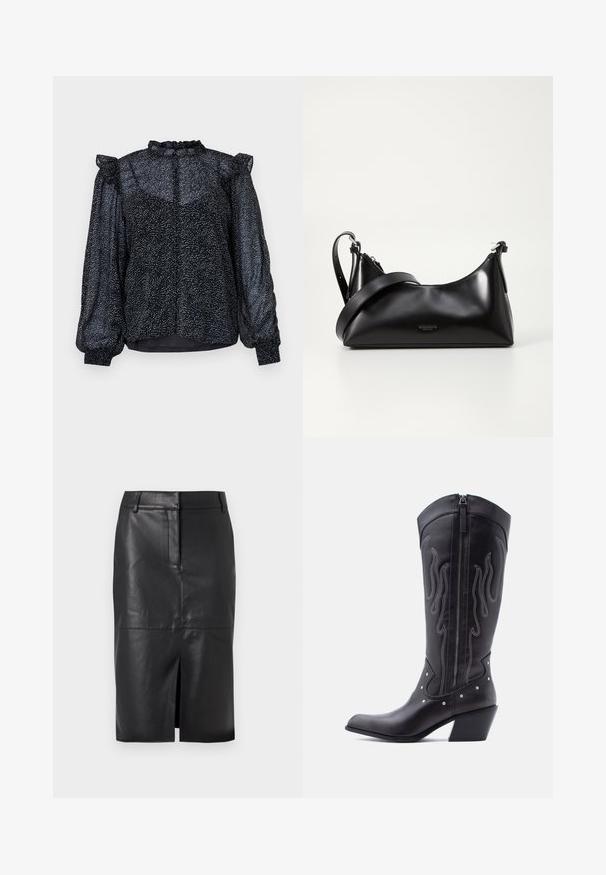 Blusa negra con un patrón moteado, material transparente, mangas abullonadas y un escote con volantes que cuenta con un cierre de botón en la parte posterior.; Falda lápiz de cuero negro con una abertura frontal, que presenta una textura suave, dos bolsillos laterales y una silueta ajustada.; Botas vaqueras de cuero negro con puntera puntiaguda, costuras visibles, detalles de tachuelas plateadas y cierre de cremallera en el lado interior.; Bolso de mano de cuero negro con una textura suave. Cuenta con una correa ajustable y un diseño elegante y minimalista con cierre de cremallera.