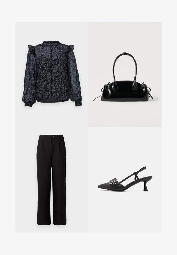 Blusa negra con un patrón moteado, material transparente, mangas abullonadas y un escote con volantes que cuenta con un cierre de botón en la parte posterior.; Pantalones negros hechos de una tela suave, con un diseño de pierna recta, pliegues frontales y un cierre de botón estándar en la cintura.; Simmi London DALA - Tacones - black; Pequeño bolso negro brillante con dos asas largas y detalles de cordón lateral sobre un fondo claro liso.