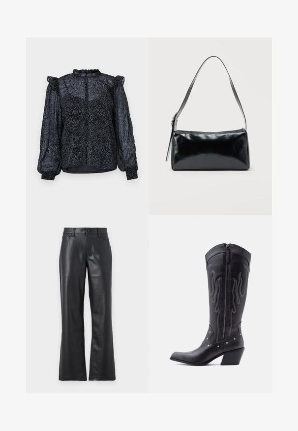 Blusa negra con un patrón moteado, material transparente, mangas abullonadas y un escote con volantes que cuenta con un cierre de botón en la parte posterior.; Pantalones de cuero negro con un diseño acampanado, que presentan bolsillos frontales, presillas para cinturón y un cierre de botón. Textura suave con costuras visibles.; Botas vaqueras de cuero negro con puntera puntiaguda, costuras visibles, detalles de tachuelas plateadas y cierre de cremallera en el lado interior.; Bolso de hombro rectangular negro con una correa ajustable y un cierre de cremallera superior sobre un fondo liso.