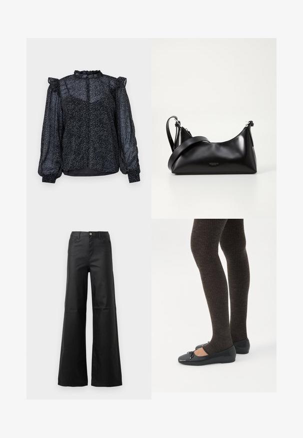 Blusa negra con un patrón moteado, material transparente, mangas abullonadas y un escote con volantes que cuenta con un cierre de botón en la parte posterior.; Jeans de pierna ancha negros, hechos de denim suave, que cuentan con cierre de botón, bolsillos frontales y un diseño de cintura alta.; Piernas con leggings oscuros acanalados combinados con bailarinas negras que presentan pequeños detalles de lazo sobre un fondo blanco.; Bolso de mano de cuero negro con una textura suave. Cuenta con una correa ajustable y un diseño elegante y minimalista con cierre de cremallera.