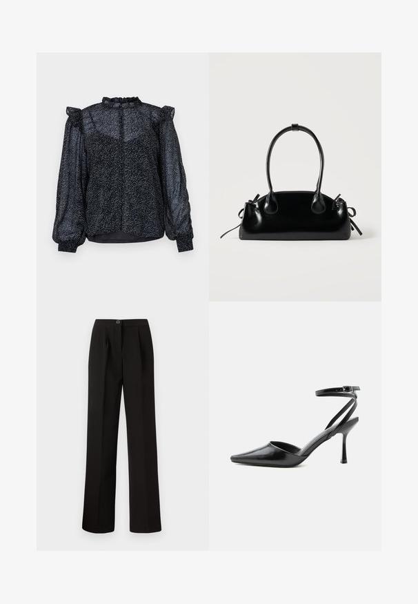 Blusa negra con un patrón moteado, material transparente, mangas abullonadas y un escote con volantes que cuenta con un cierre de botón en la parte posterior.; Pantalones negros con un diseño de pierna recta, con pliegues frontales, cierre de botón y una tela suave y texturizada.; Zapato de tacón alto negro de punta fina con delgadas correas en el tobillo y cierre de hebilla plateada sobre un fondo liso claro.; Pequeño bolso negro brillante con dos asas largas y detalles de cordón lateral sobre un fondo claro liso.