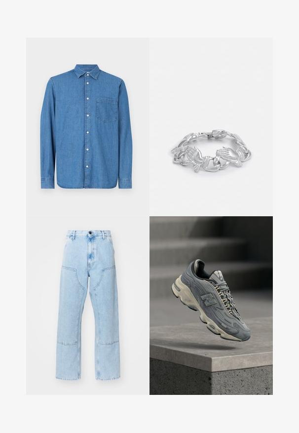Denimskjorte, lys blåt, lange ærmer, knaplukning foran, krave, enkelt brystlomme, lige kant, subtil tekstur, afslappet design.; Lyseblå, lige ben denim jeans med store forlommer og kontraststing. Stoffet har en lysnet, blød tekstur.; Grå New Balance 1000-sneaker med cremefarvet sål, snørebånd og mærkning, svævende over en betonkanter med slørede trapper i baggrunden.; Sølvarmbånd med sammenkoblede hånddesigns, der har detaljeret udsmykning og en poleret overflade, hvilket fremhæver en unik kæ structures.