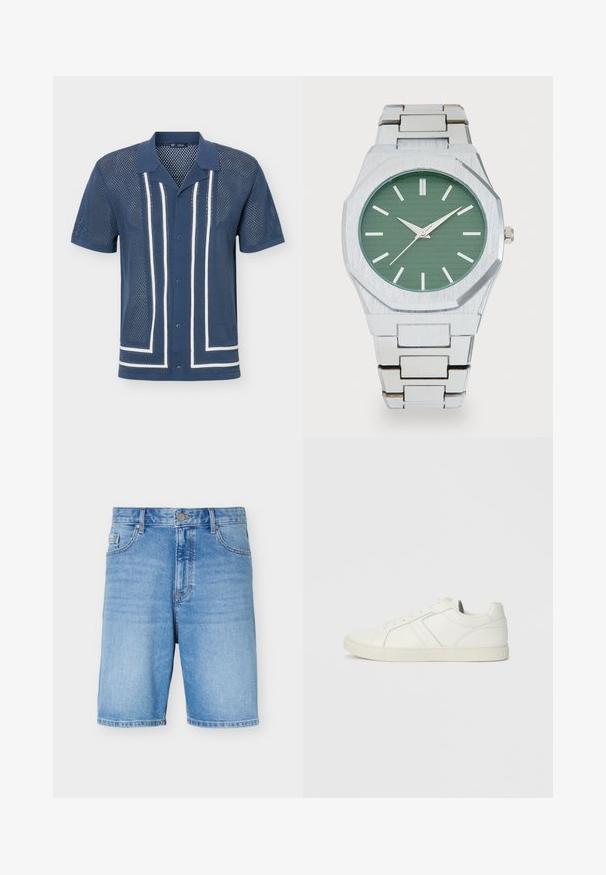 Chemise bleu marine à manches courtes avec boutons, en tissu mesh, rayures blanches verticales et horizontales, et col pointu.; Short en denim bleu clair avec bouton et fermeture éclair à l’avant, passants de ceinture et poches avant, présenté sur un fond blanc uni.; Baskets blanches en cuir montantes basses avec fermeture à lacets et semelle en caoutchouc plate, vues du côté intérieur sur un fond uni.; Montre en acier inoxydable argenté avec un boîtier octogonal, un cadran texturé vert, des index horaires argentés et un bracelet à maillons réglable.