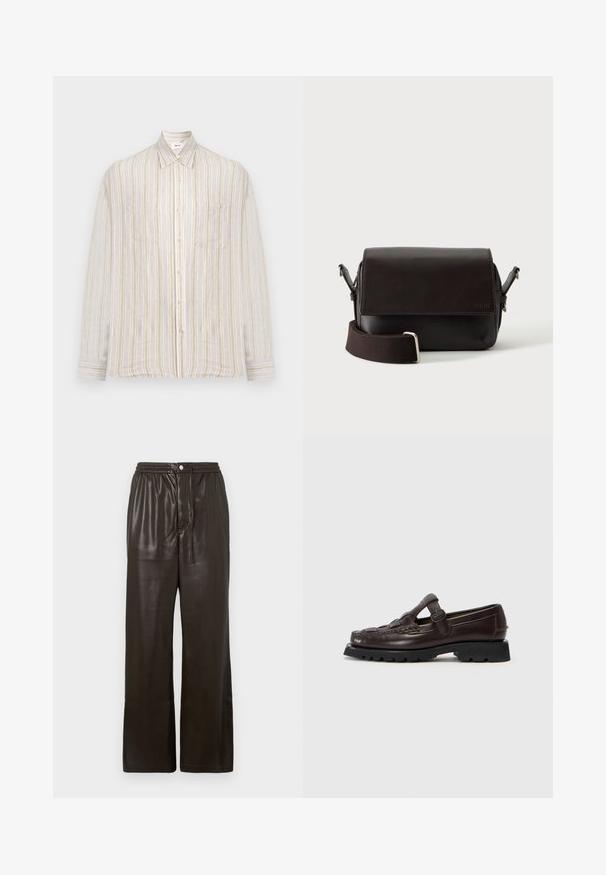 Chemise homme à manches longues avec boutons, rayures verticales beige, blanches et marron clair, et une unique poche poitrine.; Pantalon en simili cuir marron foncé avec une taille élastique, une fermeture à bouton à l'avant et des jambes droites larges.; Hereu SOLLER - Chaussons - dark brown; Sac bandoulière en cuir marron foncé avec fermeture à rabat et sangle en tissu réglable sur fond blanc.