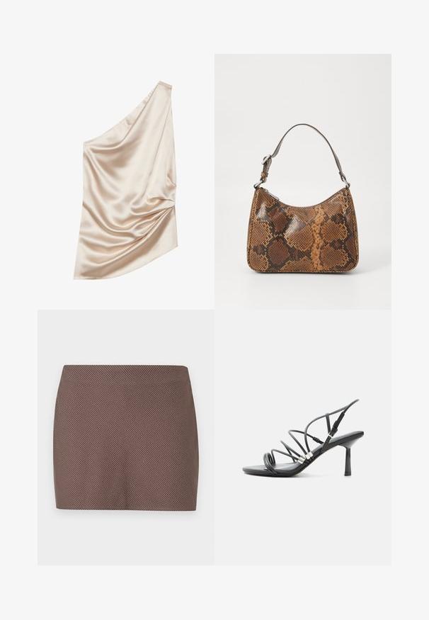 Satin stof i lyse nude farve med en one-shoulder design, der har draperet tekstur og samlet detalje på den ene side.; Brun mini nederdel med et tekstureret vævemønster, lige snit og rene linjer, velegnet til både afslappet og formelt brug.; Sort højhælet sandal med tynde buede remme, sølv accenter og en justerbar ankelspænde på en hvid baggrund.; Lille håndtaske med brun og sort slangeskinn mønster, kort justerbar rem og lynlåslukning.