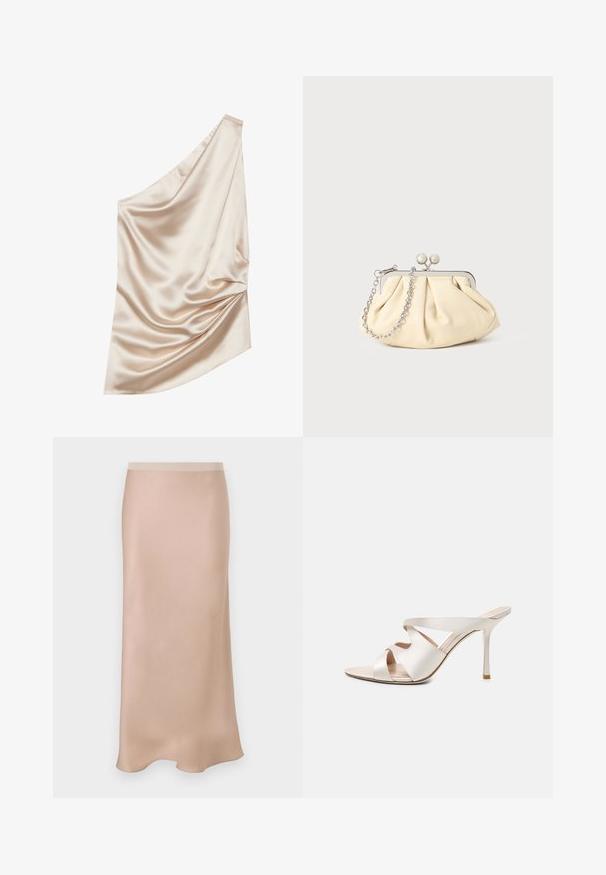 Satin stof i lyse nude farve med en one-shoulder design, der har draperet tekstur og samlet detalje på den ene side.; Satin midi-nederdel i lys beige med en glat tekstur. Har en tætsiddende talje og en diskret A-form, der udvider sig let ved kanten.; Beige højhælet mule med spids tå, slank stiletthæl og tre brede læderremme over foden.; Plisseret beige læderclutch med en sølvmetalramme, der har to runde dekorative låse og en sølvkædetrasporte.
