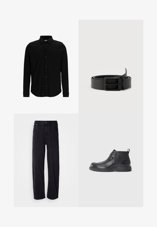 Chemise noire à manches longues en tissu lisse, dotée d'un devant à boutons, d'un col et d'un logo brodé subtil sur la poitrine.; Jean en denim noir à coupe ample, avec une taille haute, cinq poches et des boutons en métal. Le tissu présente une texture mate.; Bottes noires en cuir à talon arrondi, avec un design à lacets et une languette à l'arrière. Tige texturée et semelle en caoutchouc.; Ceinture en cuir noir à texture lisse avec une boucle rectangulaire en métal, présentant un design simple sans motifs ni accents visibles.