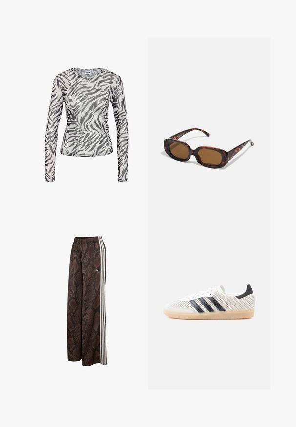 Noisy May Pusero - black; Ruskean ja mustan käärmeenahkakuosiset leveälahkeiset housut valkoisilla sivuraitoja ja joustavalla vyötäröllä, joissa pieni Adidas-logo.; Valkoiset verkkomateriaalista valmistetut tennarit, joissa musta kolmen raidan kuvio, pyöreä kärki ja kumipohja. Kengissä on pehmeä kantakaulus ja nyöritys.; Kilpikonnakuosiset aurinkolasit, joissa on suorakulmainen muoto, ruskeat linssit, sileä muovikehys ja ohuet vartaat, joissa on hillittyjä sävykuvioita.