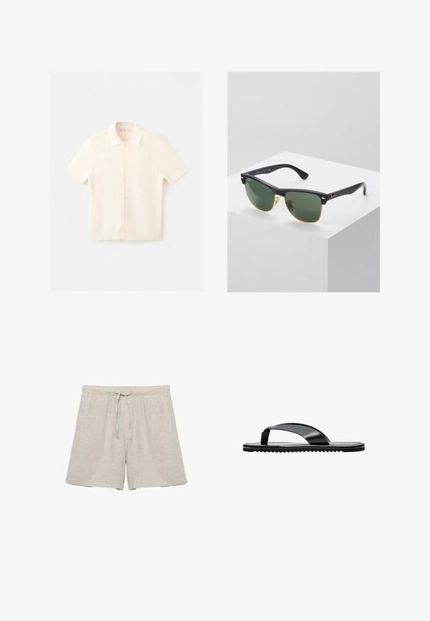 Cardigan en maille crème à manches courtes avec texture gaufrée, boutonné devant et col, posé à plat sur fond blanc.; Shorts en lin beige clair avec taille élastique et cordon de serrage, coupe droite, sans marque visible ni motifs.; Sandale tongs plates noires avec une large bride d’orteil et une semelle texturée, vue de profil sur fond blanc.; Lunettes de soleil Ray-Ban avec des verres verts, monture en plastique noir et accents dorés sur les bords. Forme carrée avec une finition mate.