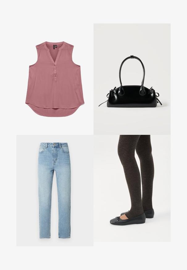Mouwloze roze blouse van lichtgewicht stof met een V-hals en knopen aan de voorkant. Gebogen zoom voor een relaxte pasvorm, zachte textuur en eenvoudig ontwerp.; Lichtblauwe spijkerbroeken met een rechte pijp, vijfzakkenmodel, metalen knoopsluiting en subtiele whiskeringdetails aan de voorkant.; Benen met donkere geribbelde leggings gecombineerd met zwarte ballerina's met kleine strikdetails op een witte achtergrond.; Kleine zwarte glanzende handtas met twee lange hengsels en zijkant trekkoord details op een effen lichte achtergrond.