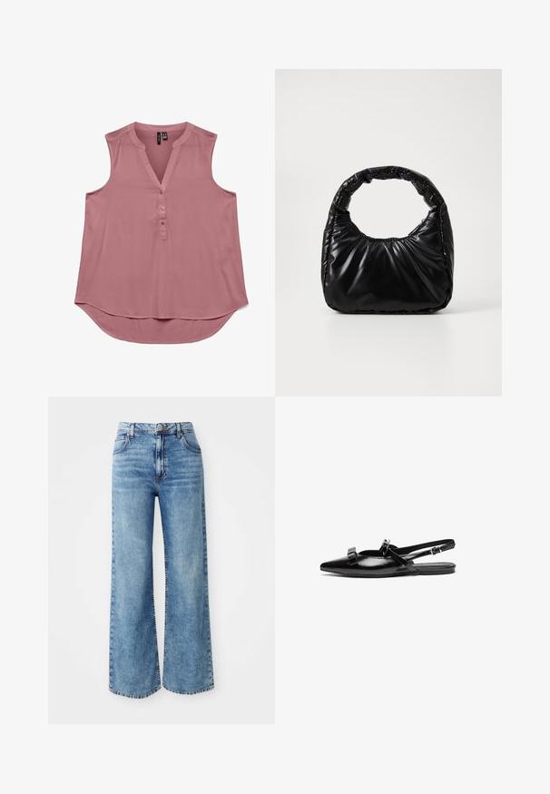 Mouwloze roze blouse van lichtgewicht stof met een V-hals en knopen aan de voorkant. Gebogen zoom voor een relaxte pasvorm, zachte textuur en eenvoudig ontwerp.; Lichtblauwe denim wijde broek met een hoge taille, voorzien van vijf zakken, sluiting met bovenste knop en contrasterende stiksels langs de naden.; Zwarte leren slingback ballerina met een spitse neus, voorzien van ruches op de wreef en een verstelbare enkelband. Gladde oppervlaktetextuur.; Zwarte gevoerde handtas met een ronde handgreep, met een gladde, glanzende oppervlakte en een zachte, gewatteerde textuur. Geen zichtbare metalen onderdelen of accenten.