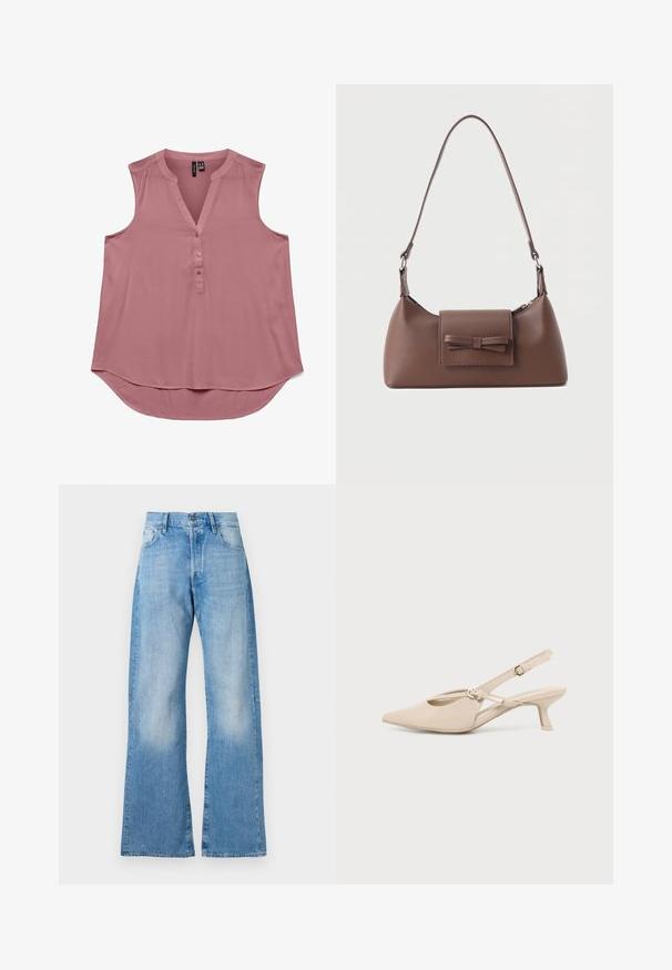 Mouwloze roze blouse van lichtgewicht stof met een V-hals en knopen aan de voorkant. Gebogen zoom voor een relaxte pasvorm, zachte textuur en eenvoudig ontwerp.; Lichtblauwe denim flared jeans met een hoge taille, vijf zakken en een klassieke knoopsluiting. Heeft subtiele vervaging en een relaxte pasvorm.; Beige slingback schoen met puntige neus, lage kittenhak en verstelbare enkelband op een effen lichte achtergrond.; Bruine leren schoudertas met een voorvak met klep en een gestikte strikdetail en een verstelbare band.