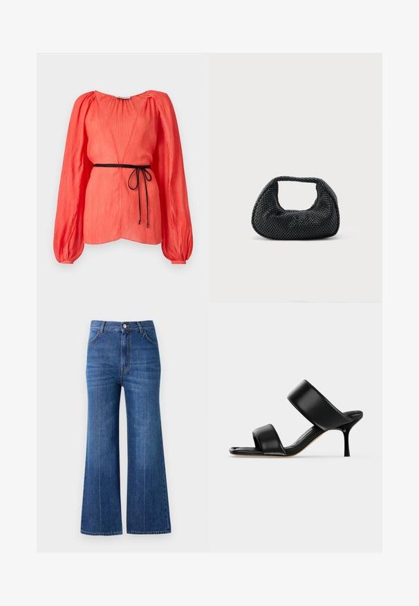 Haut couleur corail avec un décolleté en V profond, de longues manches bouffantes et une ceinture noire à nouer. Tissu texturé avec des plis verticaux sur toute la surface.; Jean large en denim bleu foncé, avec une taille haute, un léger effet délavé et un design classique à cinq poches. Cousu avec un fil de contraste.; Sandale mule en cuir noir avec deux larges brides et un talon stiletto fin de hauteur moyenne sur un fond clair uni.; Sac hobo tissé noir avec une structure souple et une poignée intégrée, présenté sur un fond clair uni.