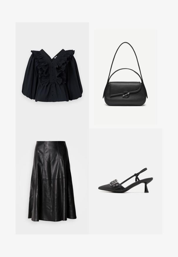 Haut noir avec décolleté en V, accents volants le long de l'encolure et manches bouffantes. Dispose d'une fermeture à boutons à l'avant. Texture de tissu lisse.; Jupe en cuir noir avec une silhouette évasée, présentant des coutures visibles et une texture lisse. Conception mi-longue avec une coupe classique.; Simmi London DALA - Escarpins - black; Sac à main en cuir noir avec bords arrondis, rabat asymétrique, fermoir circulaire en métal, et des bandoulières courtes et longues.