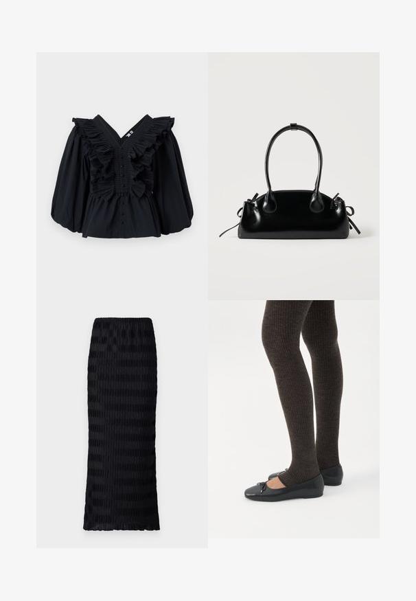 Haut noir avec décolleté en V, accents volants le long de l'encolure et manches bouffantes. Dispose d'une fermeture à boutons à l'avant. Texture de tissu lisse.; Jupe noire longueur genoux avec un design plissé texturé. Taille élastique, tissu lisse avec des rayures alternées mates et brillantes.; Jambes portant des leggings côtelés foncés associés à des ballerines noires avec de petits détails en nœud sur fond blanc.; Petit sac à main noir brillant avec deux longues anses et des détails à cordon sur les côtés sur un fond clair uni.