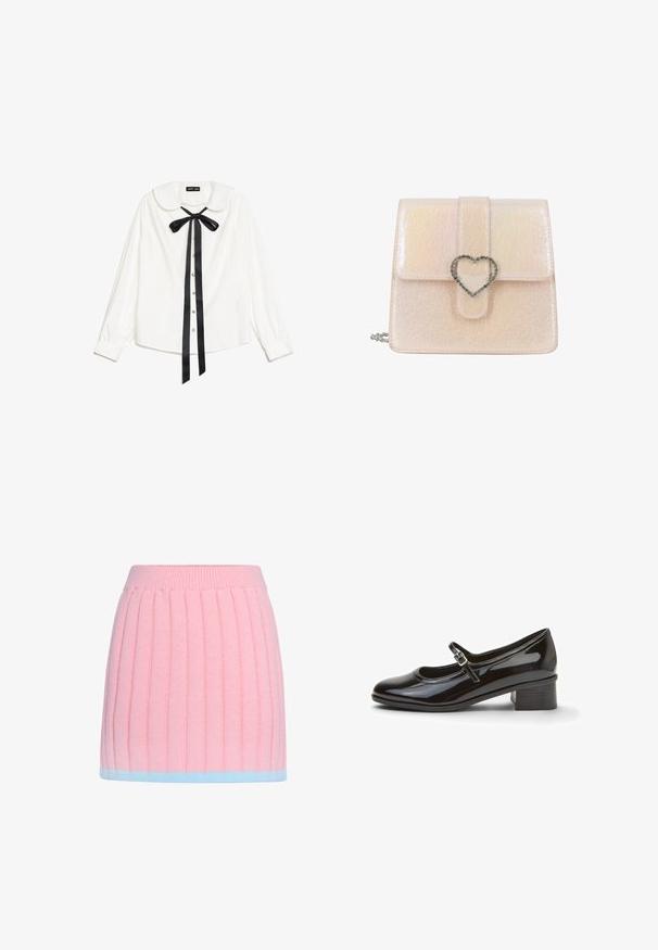 Hvid langærmet bluse med Peter Pan krave, sort satin butterfly ved halsen og perleknapper foran.; Strikket mininederdel i pastelrosa med lodrette ribstriber og lyseblå kant, med bred elastisk linning.; Sort laklæder Mary Jane-sko med spænde og lav blokhæl, vist på en hvid baggrund.; Lille lyserød skinnende håndtaske med tekstureret overflade og en sølvfarvet hjerteformet lås på frontklappen.