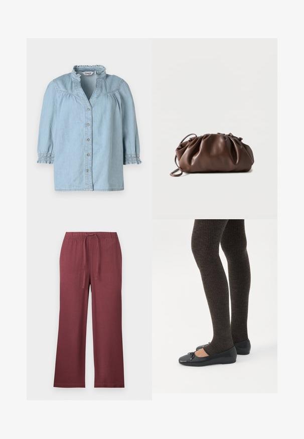 Chemise en denim bleu clair avec un col froncé, des manches bouffantes 3/4, une fermeture à boutons sur le devant et des détails smockés sur les manches.; ONLY Petite ONLGOA PULL UP CULOTTE - Pantalon classique - rose brown; Jambes portant des leggings côtelés foncés associés à des ballerines noires avec de petits détails en nœud sur fond blanc.; Sacoche en cuir marron doux avec un haut froncé et une fine bandoulière, posée sur un fond blanc.