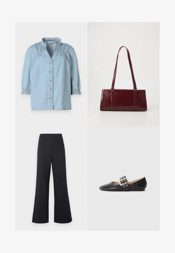 Chemise en denim bleu clair avec un col froncé, des manches bouffantes 3/4, une fermeture à boutons sur le devant et des détails smockés sur les manches.; Pantalon large noir à rayures blanches verticales fines, avec taille élastique et texture de tissu lisse, offrant une coupe décontractée et un look élégant.; Chaussure plate en cuir noir avec un bout pointu et une bride décorative à boucle équipée de ferrures argentées et de petites découpes.; Sac à main bordeaux en matériau brillant, de forme rectangulaire, avec deux anses et des accents légèrement courbés à l'avant.