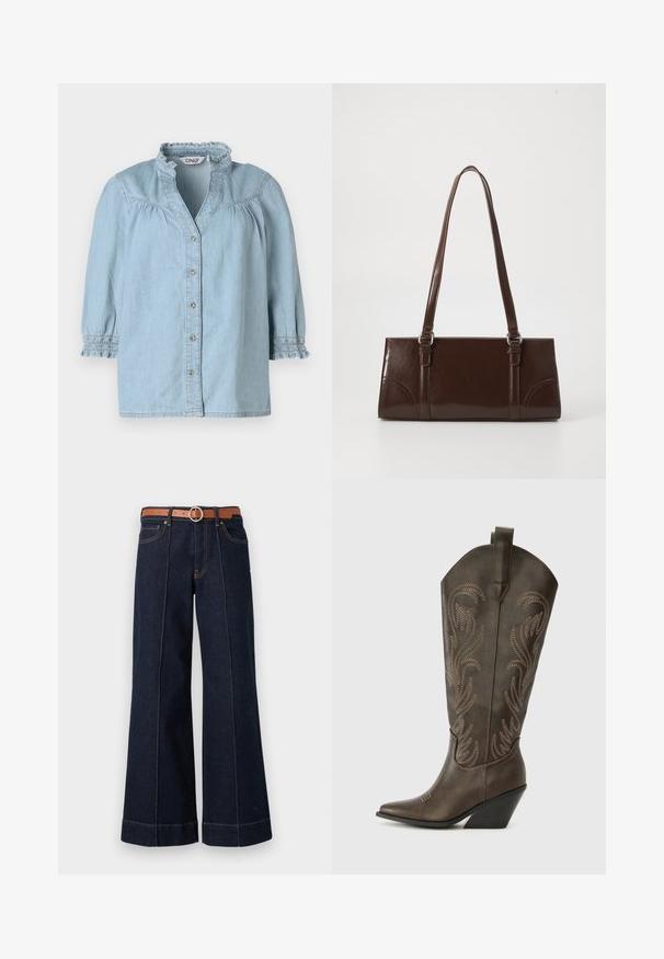 Chemise en denim bleu clair avec un col froncé, des manches bouffantes 3/4, une fermeture à boutons sur le devant et des détails smockés sur les manches.; Jean large en denim bleu foncé avec taille haute, ceinture marron et détails de couture visibles. Comprend des poches avant et une coupe décontractée.; Botte de cowboy en cuir marron avec un embout pointu, un talon compensé et des broderies décoratives. Dispose d'un long tige et d'une languette de tirage.; Sac à main en cuir verni marron de forme rectangulaire, avec deux longues poignées et des accents courbés subtils à l'avant.