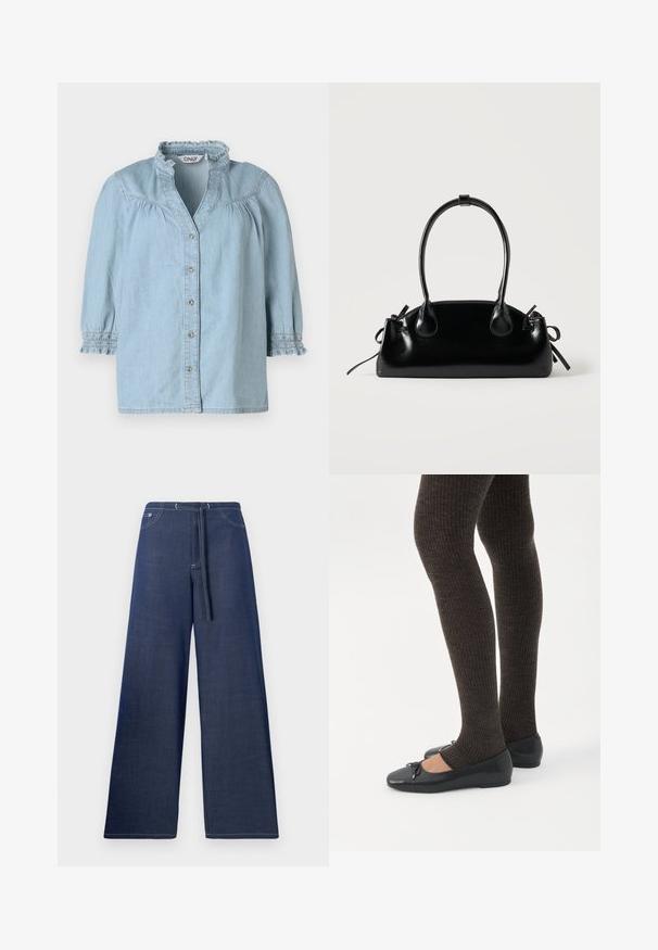 Chemise en denim bleu clair avec un col froncé, des manches bouffantes 3/4, une fermeture à boutons sur le devant et des détails smockés sur les manches.; Pantalon en denim à jambes larges, couleur bleu foncé, avec une taille à cordon, des poches avant et des coutures blanches contrastantes.; Jambes portant des leggings côtelés foncés associés à des ballerines noires avec de petits détails en nœud sur fond blanc.; Petit sac à main noir brillant avec deux longues anses et des détails à cordon sur les côtés sur un fond clair uni.