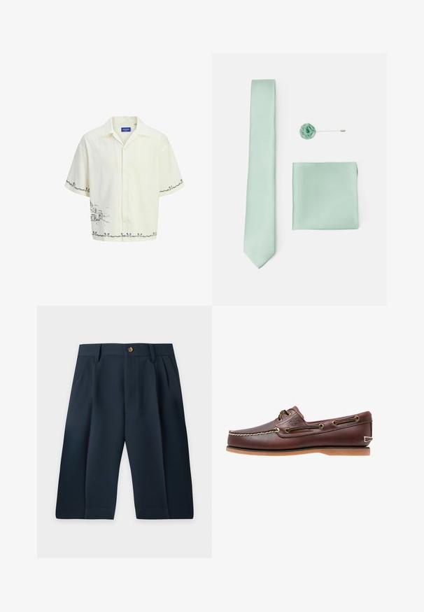 Chemise à manches courtes de couleur crème claire avec un col, arborant un motif de croquis gris sur le devant et des détails de bordure décoratifs.; Short à jambes larges bleu marine foncé avec passants pour ceinture, bouton devant, fermeture éclair, poches latérales et plis de chaque côté.; Chaussure bateau en cuir marron avec coutures blanches, détails de lacets et semelle en caoutchouc beige, vue de côté sur fond blanc.; Cravate vert menthe avec texture diagonale, pochette assortie, épingle de fleur décorative et fermoir en métal, le tout dans des couleurs coordonnées.