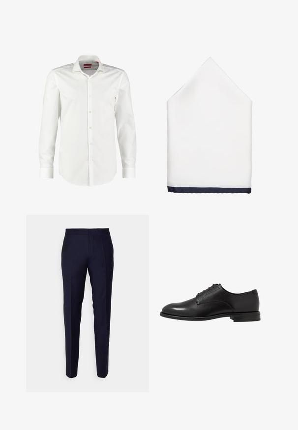 Chemise blanche à manches longues, en coton lisse. Elle présente un col classique, une patte de boutonnage épurée et des poignets à bouton.; Pantalons tapered bleu marine avec une texture lisse, présentant un devant plat et des détails de couture latérale pour une apparence ajustée.; Chaussure de ville en cuir noir avec une finition lisse, bout arrondi, six œillets et un talon bas empilé. Design simple et classique.; Serviette en tissu blanc avec un fini texturé, ornée d'un bord festonné bleu marine en bas pour un contraste et un détail de design.
