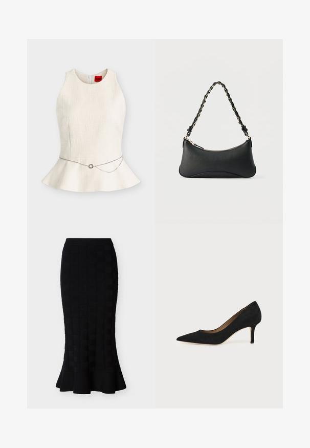 Haut péplum blanc texturé sans manches avec une fine ceinture chaîne argentée à boucle ronde à la taille, présenté sur un fond uni.; Jupe midi noire avec motif texturé carré et ourlet évasé sur fond blanc.; Escarpin en daim noir à bout pointu avec un talon stiletto fin de hauteur moyenne et un design à coupe basse sur un fond uni.; Sac à bandoulière en cuir noir de forme rectangulaire incurvée, avec une chaîne dorée tissée dans la bandoulière noire tressée et une fermeture éclair sur le dessus.