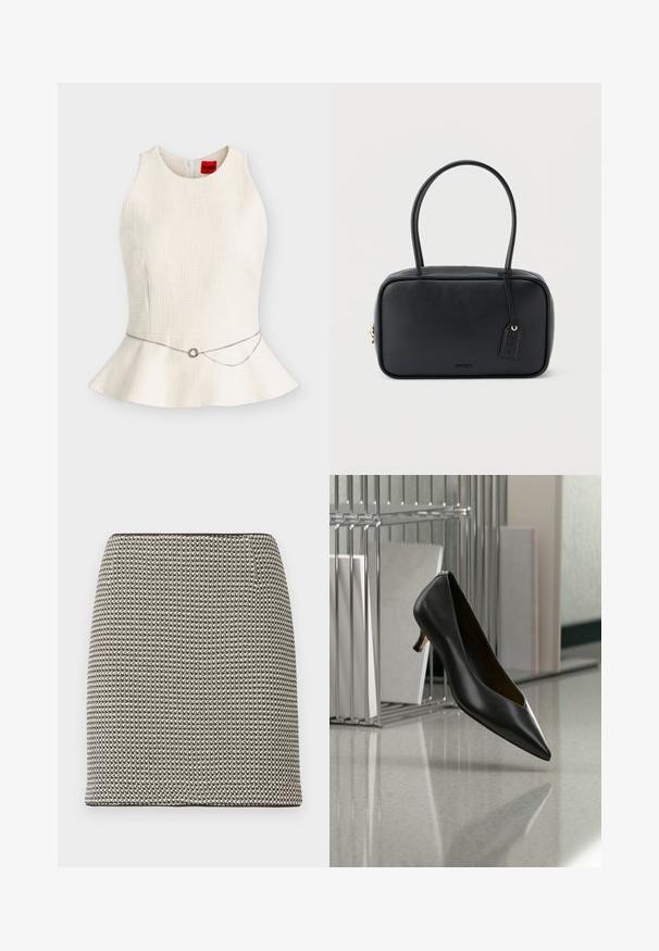 Αμάνικο λευκό τοπ με υφή και peplum, λεπτή ασημένια ζώνη-αλυσίδα με στρογγυλή αγκράφα στη μέση, τοποθετημένο σε απλό φόντο.; Μίνι φούστα σε ίσια γραμμή με το μοτίβο παπιγιόν σε ασπρόμαυρο, με ψηλή μέση και χωρίς ορατές διακοσμήσεις ή τσέπες.; Μαύρο δερμάτινο γυναικείο παπούτσι με μυτερή μύτη και χαμηλό τακούνι, αιωρείται πάνω από ένα γκρι δαπέδο με στίγματα, δίπλα σε μεταλλική θήκη αρχείων με φακέλους.; Μαύρη ορθογώνια τσάντα χειρός με διπλές στρογγυλές λαβές, χρυστό φερμουάρ και ανάγλυφο λογότυπο "HUGO" στο μπροστινό μέρος με συνδεδεμένη δερμάτινη ετικέτα.